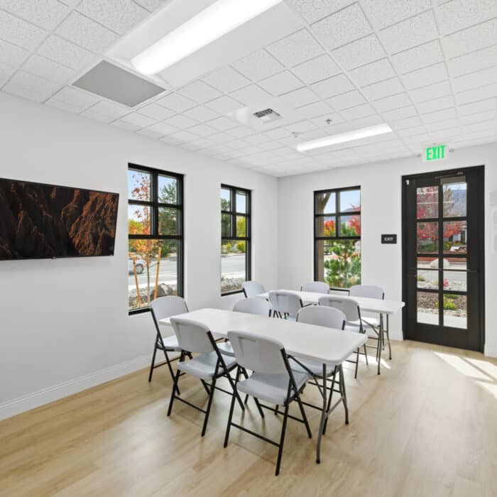 Staff break room with a table and chairs