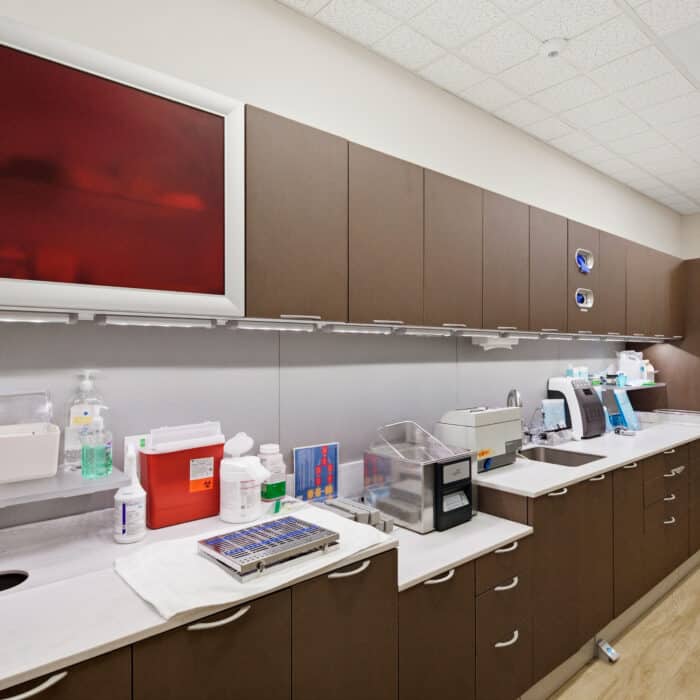 Sterilization area with cabinets and supplies