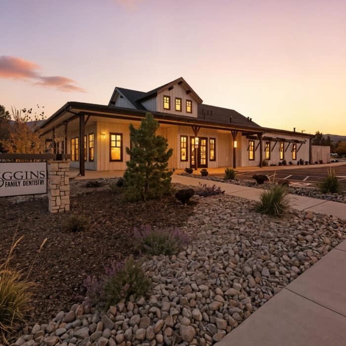The office and its landscaping at sunset