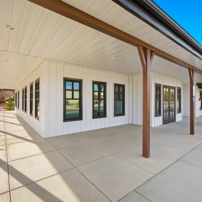 Covered porch along the front of the office
